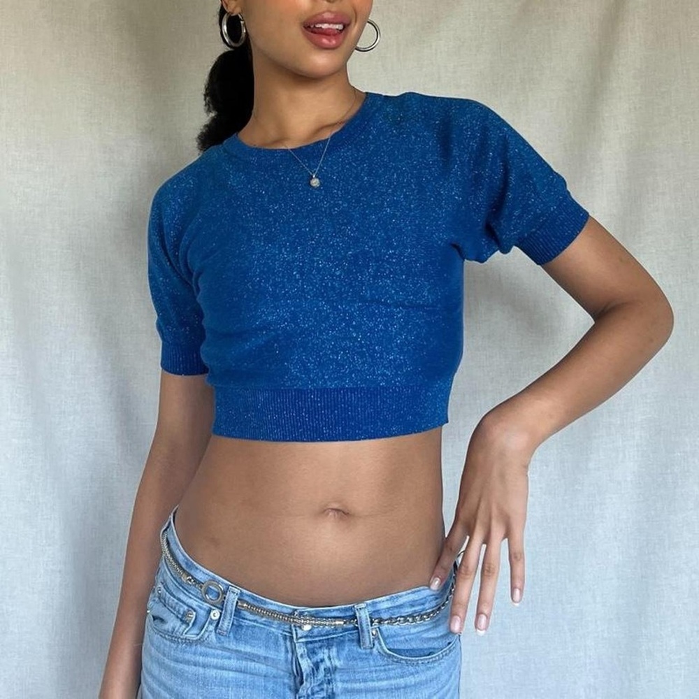 Shimmer blue knit cropped short sleeve sweater, puff sleeves